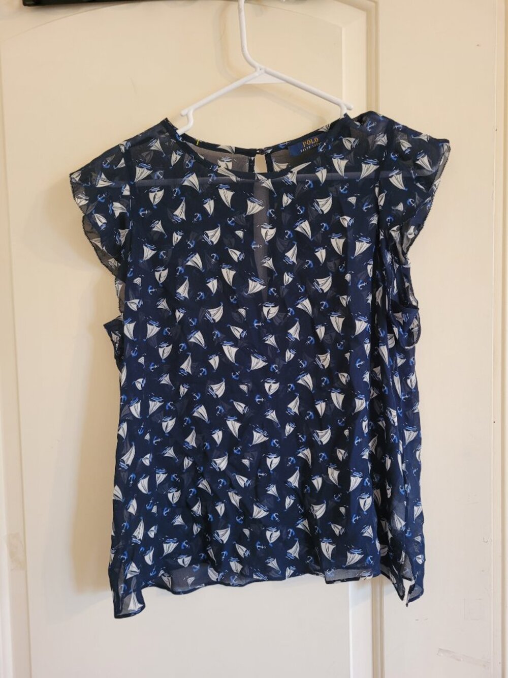 Polo Ralph Lauren navy flutter-sleeve blouse sailboat anchor Print Sz S Pappy